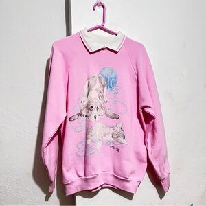 Vintage Fruit of the loom sweatshirt collared pink with dog and cat : Box R: